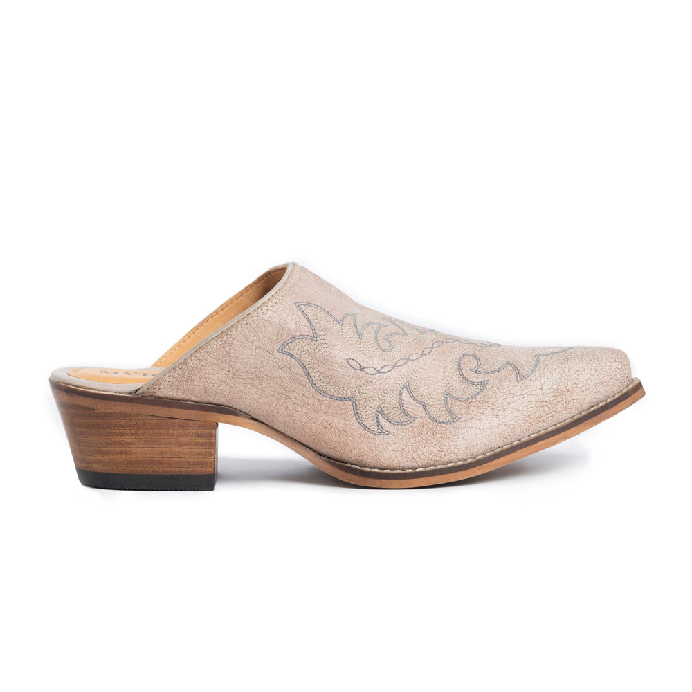 Myra El Paso Ivory Embroidered Mules for Women Pointed Toe, Low Block Heel Western Leather Shoes