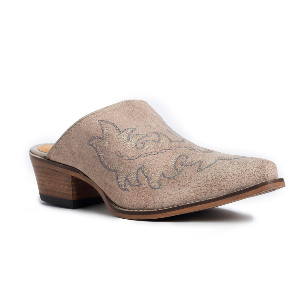 Myra El Paso Ivory Embroidered Mules for Women Pointed Toe, Low Block Heel Western Leather Shoes