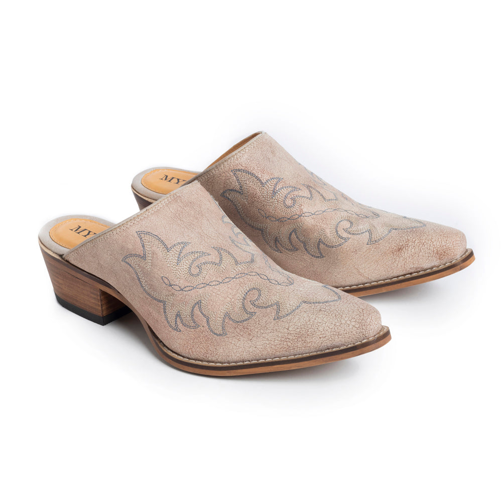 Myra El Paso Ivory Embroidered Mules for Women Pointed Toe, Low Block Heel Western Leather Shoes