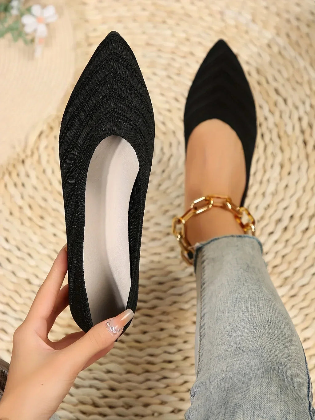 New 2024 Pointed Toe Flat Office Boat Solid Color Knitted Slip on Shoes Casual Ballet Flats Shoes Women Loafers Zapatos De Mujer