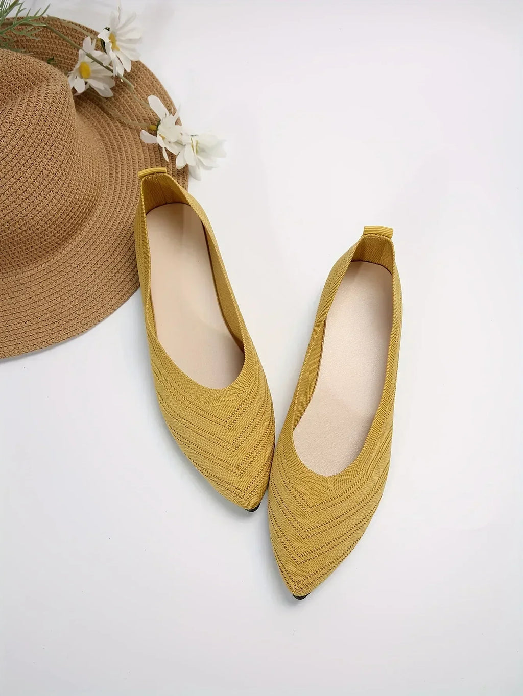 New 2024 Pointed Toe Flat Office Boat Solid Color Knitted Slip on Shoes Casual Ballet Flats Shoes Women Loafers Zapatos De Mujer