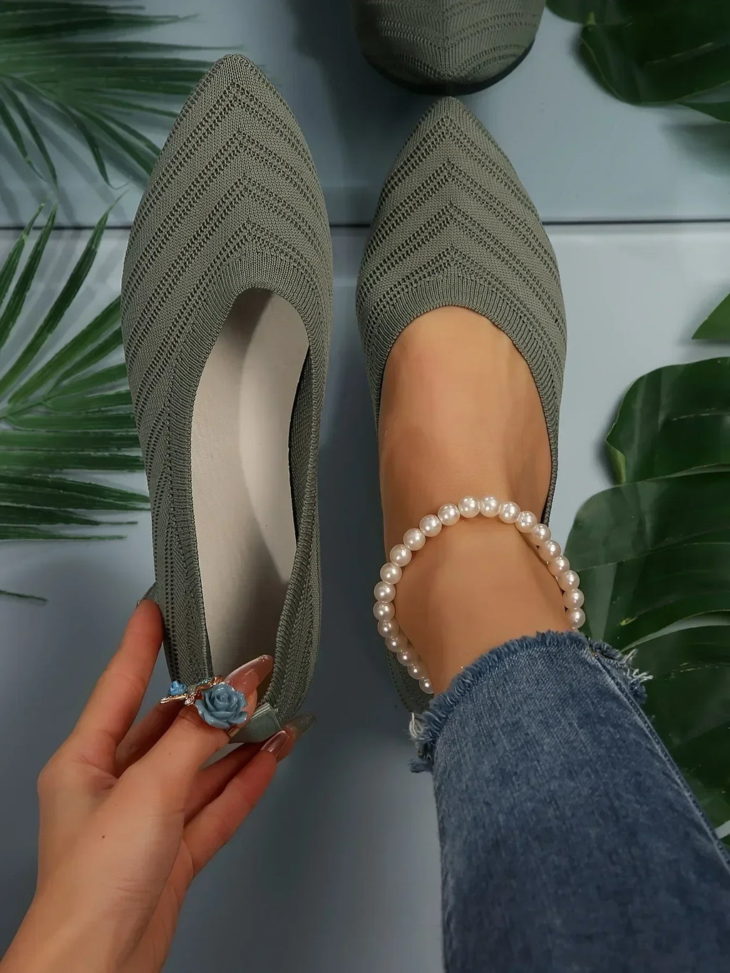 New 2024 Pointed Toe Flat Office Boat Solid Color Knitted Slip on Shoes Casual Ballet Flats Shoes Women Loafers Zapatos De Mujer