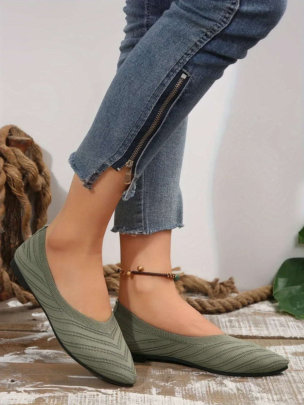 New 2024 Pointed Toe Flat Office Boat Solid Color Knitted Slip on Shoes Casual Ballet Flats Shoes Women Loafers Zapatos De Mujer