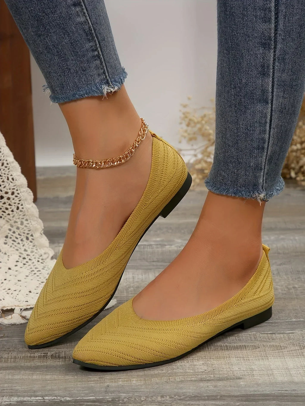 New 2024 Pointed Toe Flat Office Boat Solid Color Knitted Slip on Shoes Casual Ballet Flats Shoes Women Loafers Zapatos De Mujer
